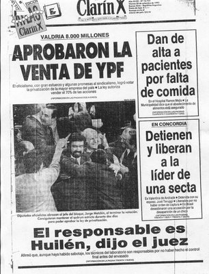 Resultado de imagen de titulares de clarin sobre las privatizaciones de carlos menem